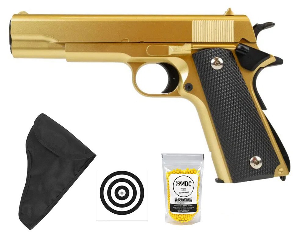 Pistola de Airsoft VG 1911-V14 Gold Mola 6mm - Rossi + Capa/Coldre + BBS + Alvos