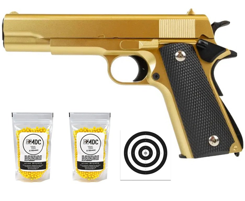 Pistola de Airsoft VG 1911-V14 Gold Mola 6mm - Rossi + BBS + Alvos