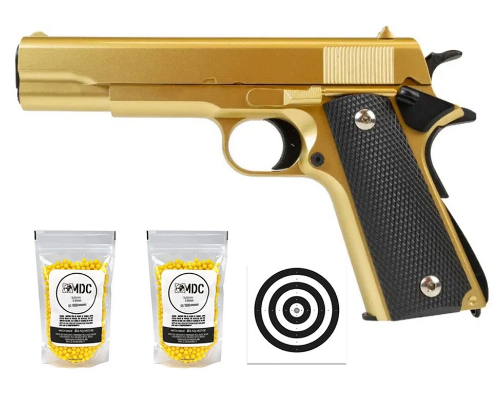 Pistola de Airsoft VG 1911-V14 Gold Mola 6mm - Rossi + BBS + Alvos