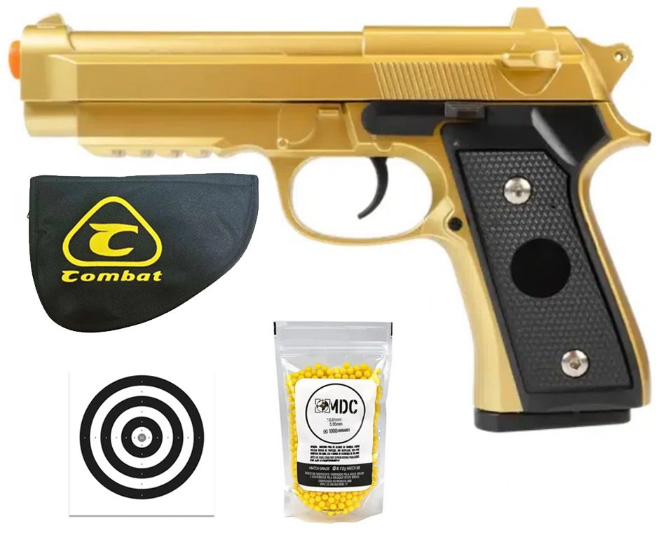 Pistola de Airsoft VG PT92 V22 Gold Mola 6mm - Rossi + Capa + BBS + Alvos