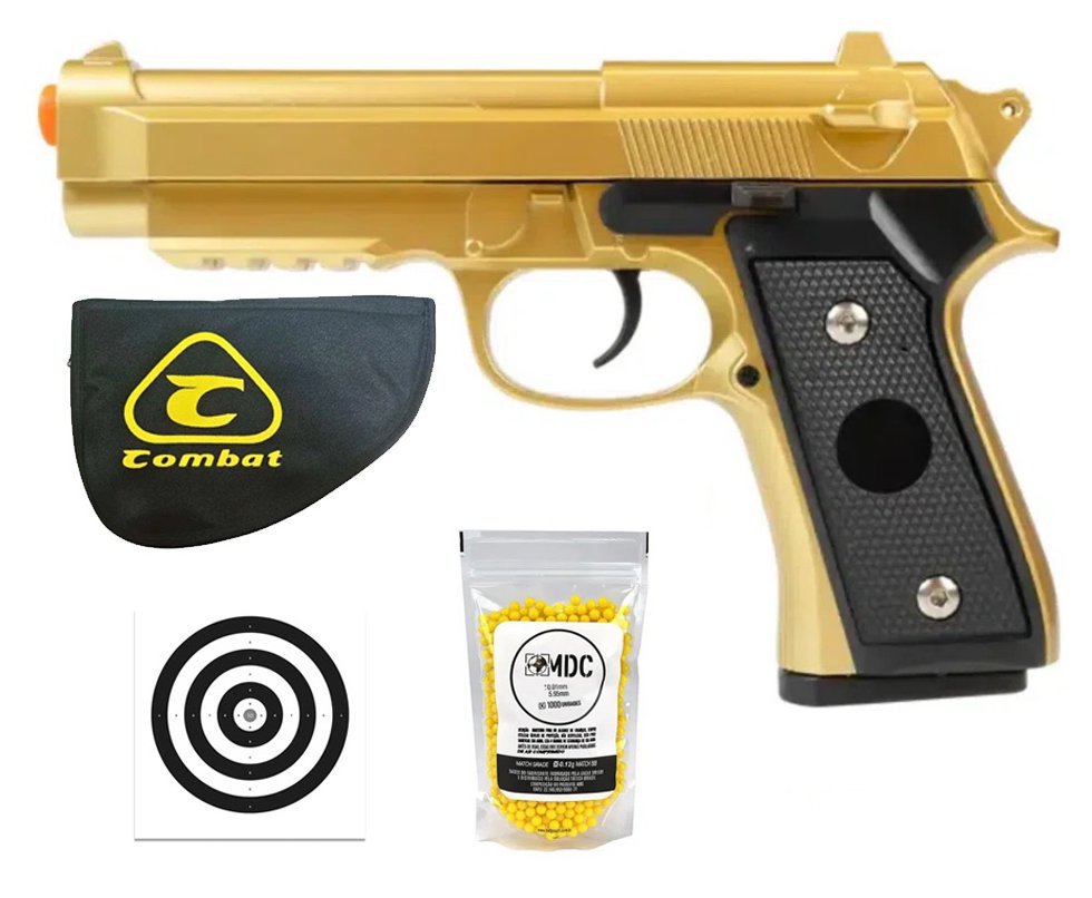 Pistola de Airsoft VG PT92 V22 Gold Mola 6mm - Rossi + Capa + BBS + Alvos