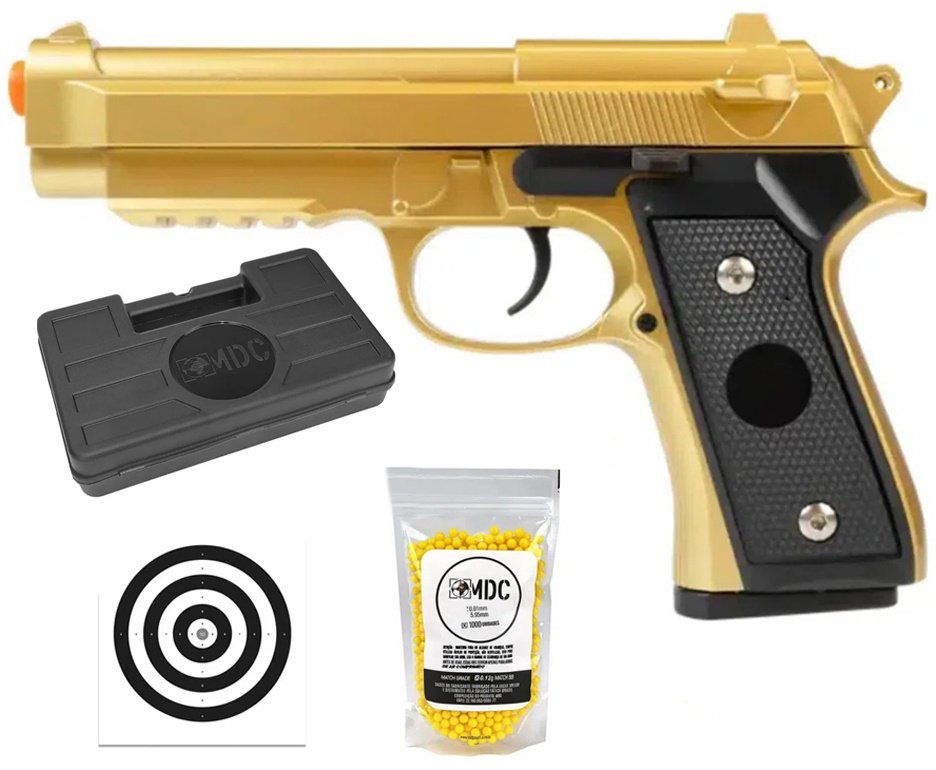 Pistola de Airsoft VG PT92 V22 Gold Mola 6mm - Rossi + Case + BBS + Alvos