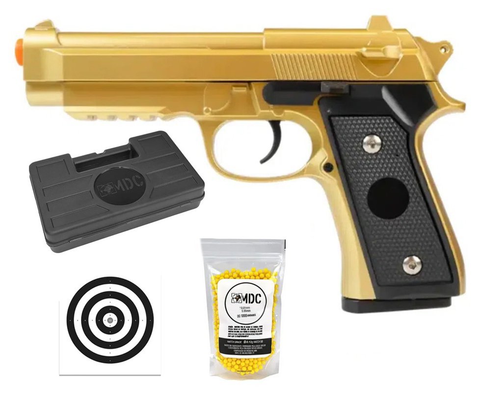 Pistola de Airsoft VG PT92 V22 Gold Mola 6mm - Rossi + Case + BBS + Alvos