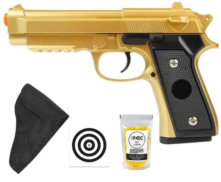 Pistola de Airsoft VG PT92 V22 Gold Mola 6mm - Rossi + Capa / Coldre + BBS + Alvos