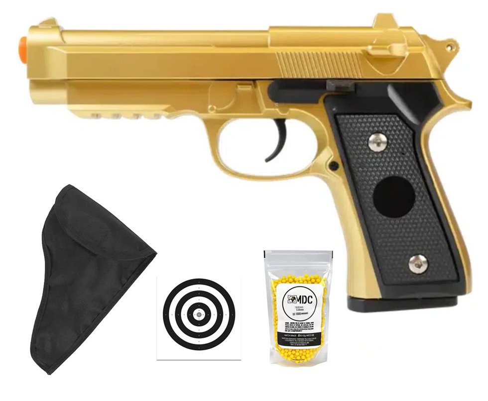 Pistola de Airsoft VG PT92 V22 Gold Mola 6mm - Rossi + Capa / Coldre + BBS + Alvos