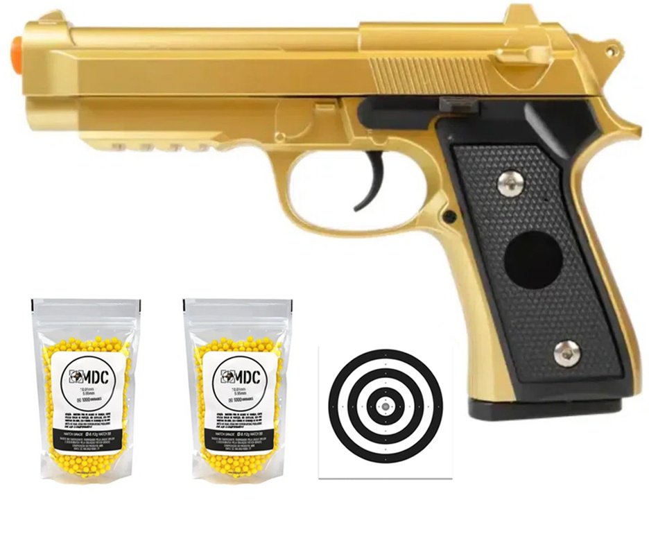 Pistola de Airsoft VG PT92 V22 Gold Mola 6mm - Rossi + BBS + Alvos