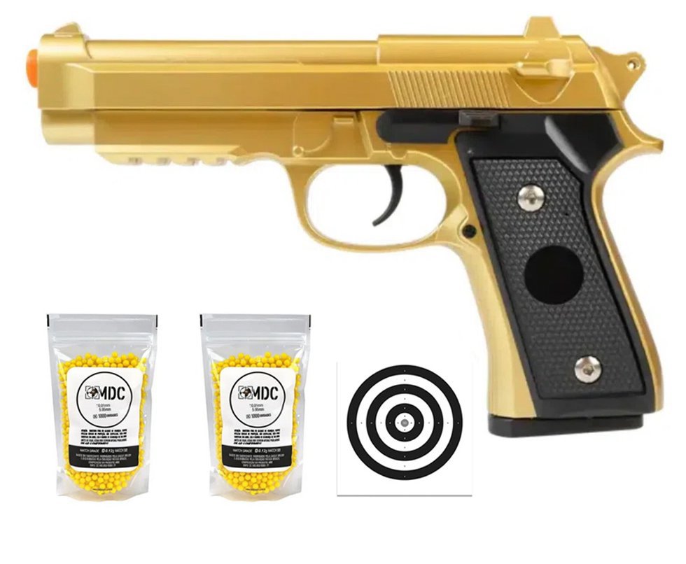 Pistola de Airsoft VG PT92 V22 Gold Mola 6mm - Rossi + BBS + Alvos