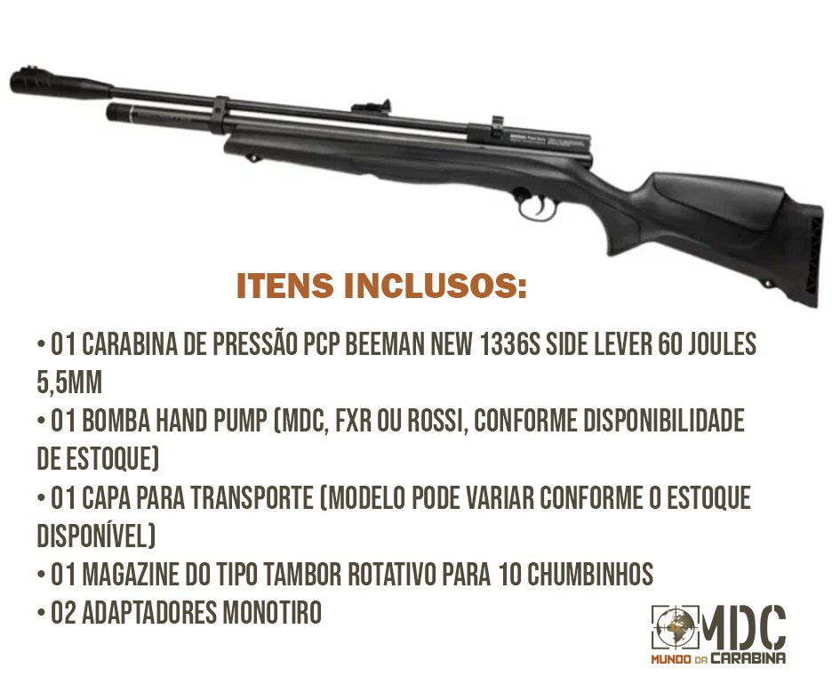 Carabina de Pressão PCP Beeman New 1336S Side Lever 60 Joules 5,5mm - Rossi + Capa + Bomba
