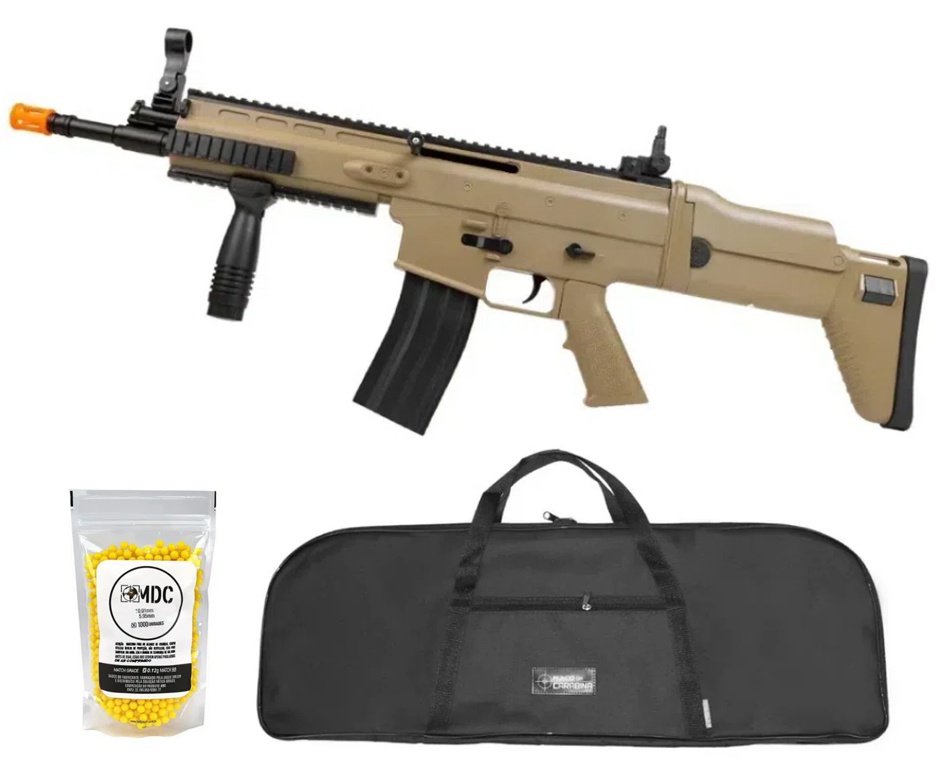 Rifle de Airsoft Scar L Tan Spring Mola Cal 6mm - Rossi + Capa + BBS