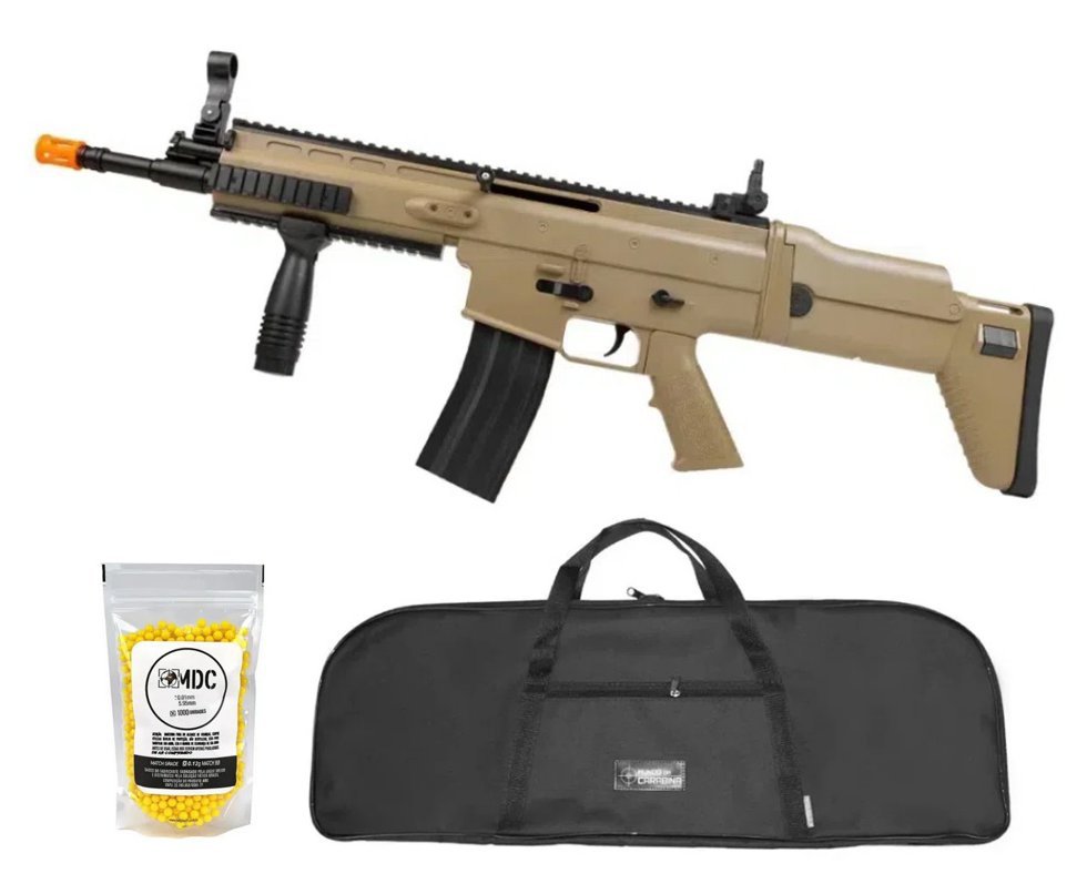Rifle de Airsoft Scar L Tan Spring Mola Cal 6mm - Rossi + Capa + BBS