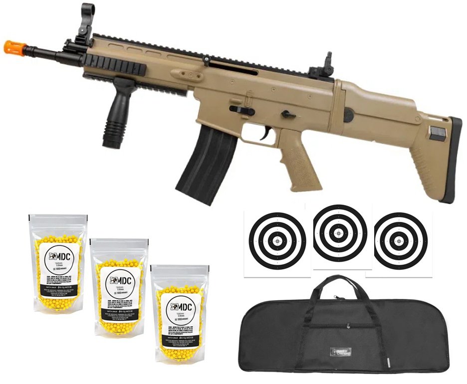 Rifle de Airsoft Scar L Tan Spring Mola Cal 6mm - Rossi + Capa + BBS + Alvos