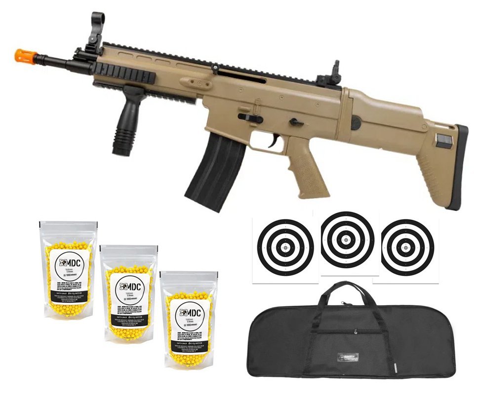 Rifle de Airsoft Scar L Tan Spring Mola Cal 6mm - Rossi + Capa + BBS + Alvos