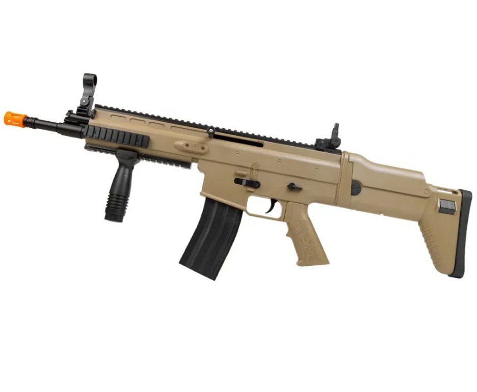 Rifle de Airsoft Scar L Tan Spring Mola Cal 6mm - Rossi + Capa + BBS + Alvos + Red Dot + Laser