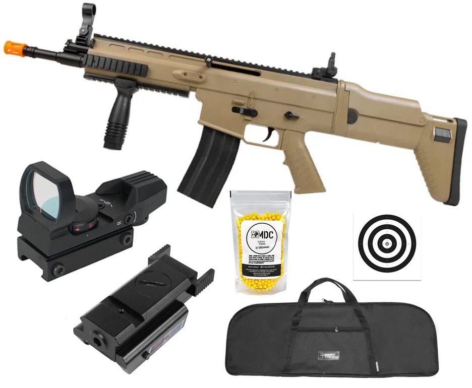 Rifle de Airsoft Scar L Tan Spring Mola Cal 6mm - Rossi + Capa + BBS + Alvos + Red Dot + Laser