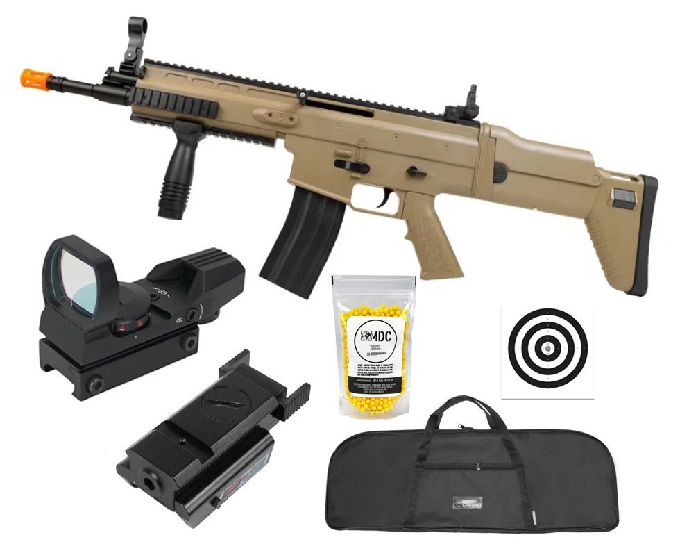 Rifle de Airsoft Scar L Tan Spring Mola Cal 6mm - Rossi + Capa + BBS + Alvos + Red Dot + Laser