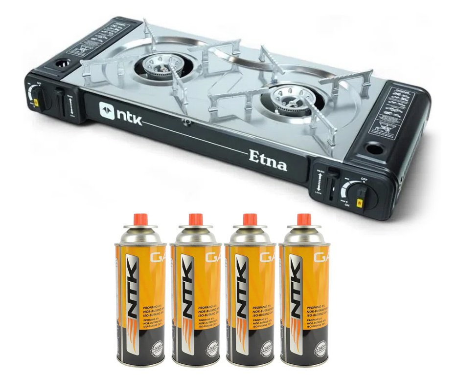 Fogareiro Horizontal 2 Bocas ETNA camping e cozinha Aço Inoxidável Preto NTK + Refil Gás