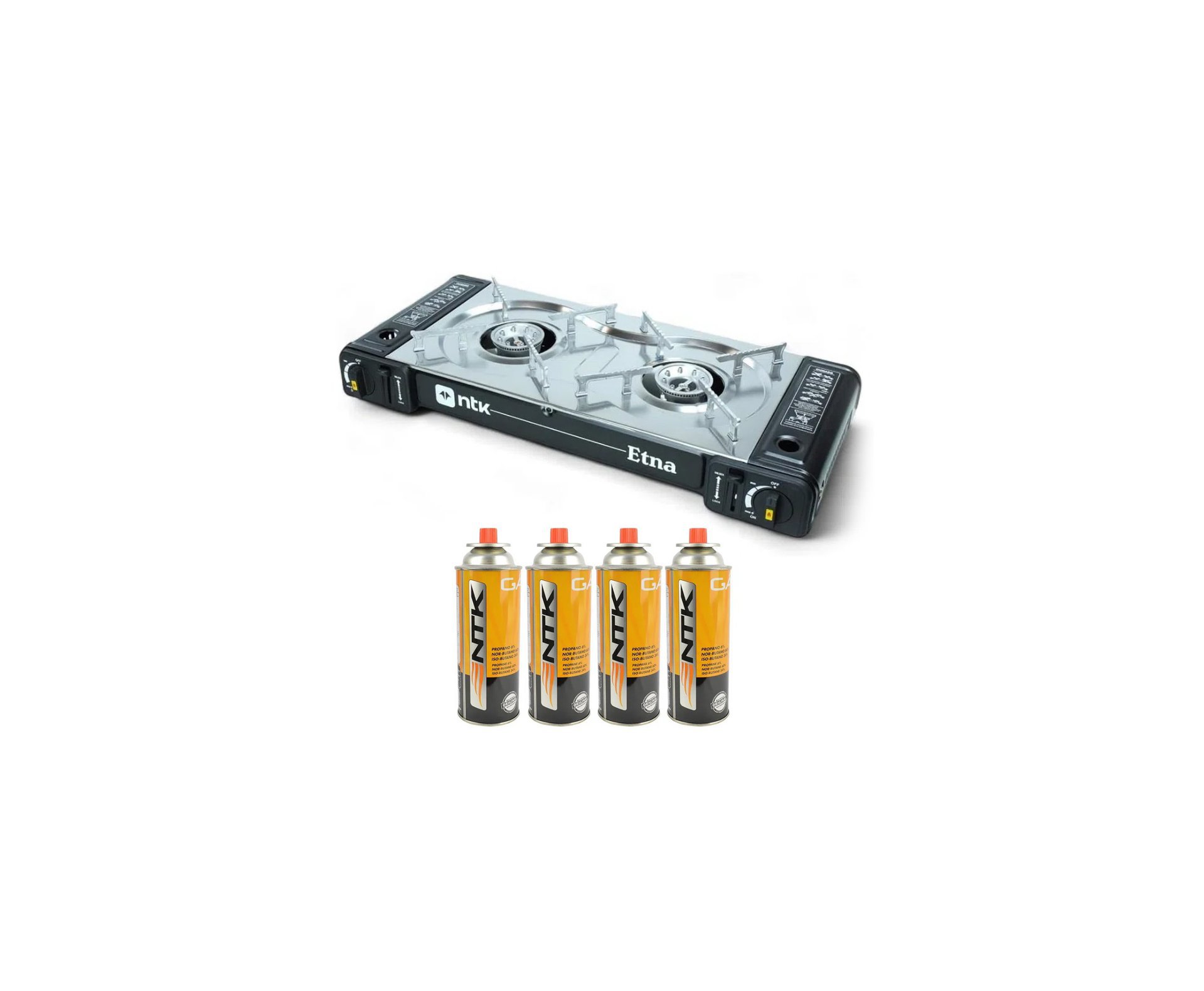 Fogareiro Horizontal 2 Bocas ETNA camping e cozinha Aço Inoxidável Preto NTK + Refil Gás