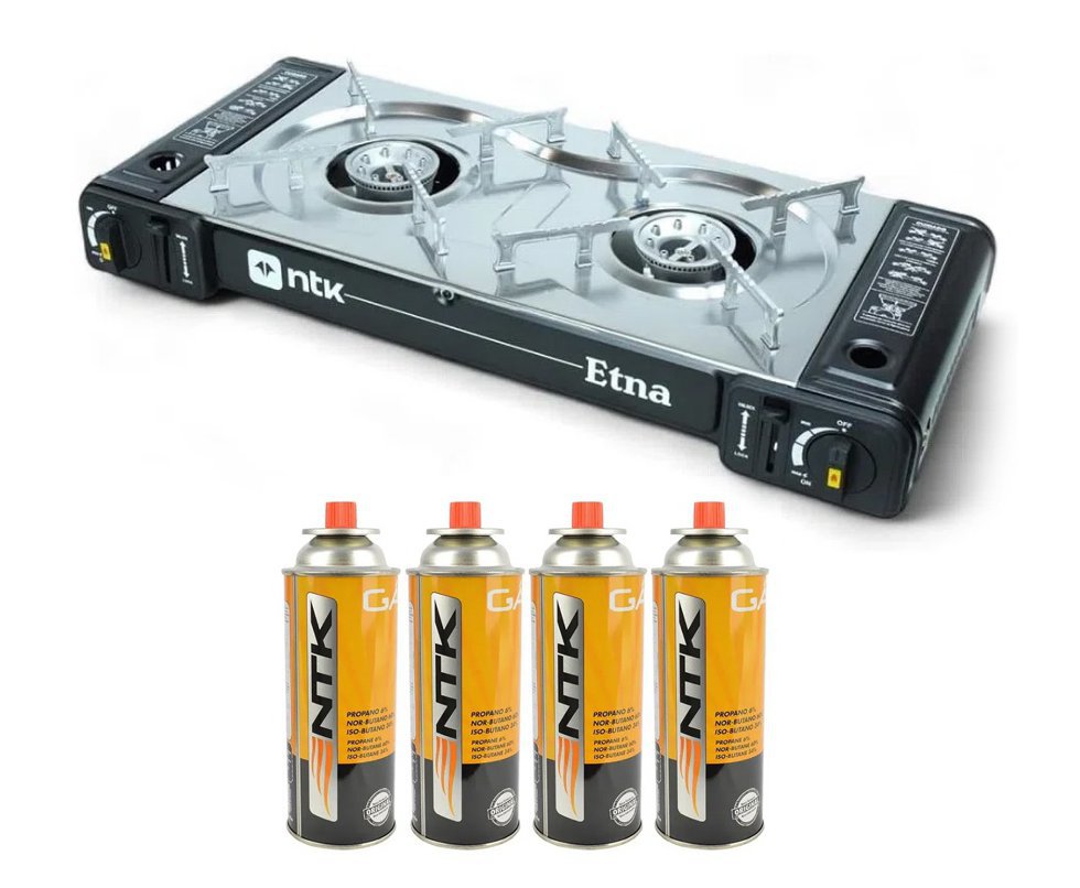 Fogareiro Horizontal 2 Bocas ETNA camping e cozinha Aço Inoxidável Preto NTK + Refil Gás