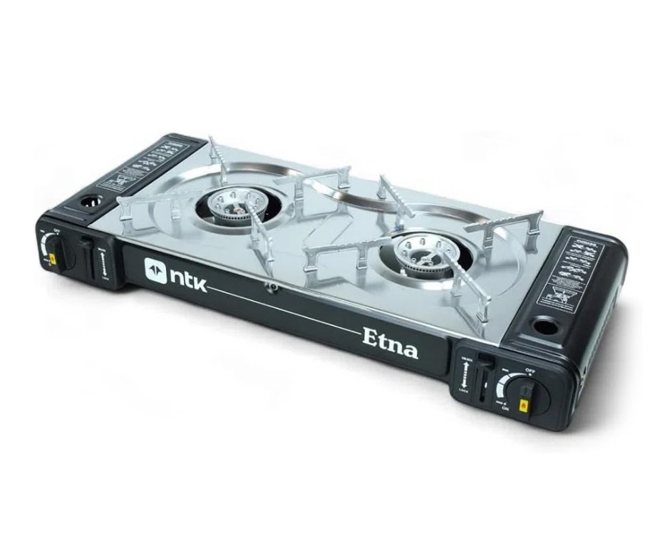 Fogareiro Horizontal 2 Bocas ETNA camping e cozinha Aço Inoxidável Preto NTK + Refil Gás