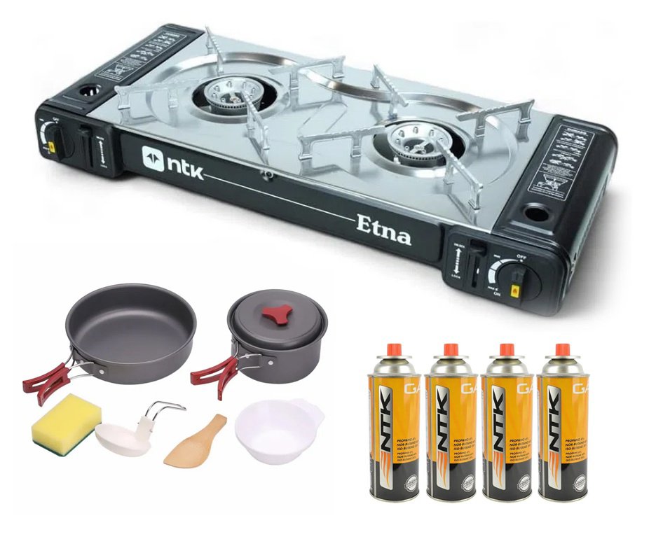 Fogareiro Horizontal 2 Bocas ETNA camping e cozinha Aço Inoxidável Preto NTK + Refil Gás + Conjunto de Panelas Camping