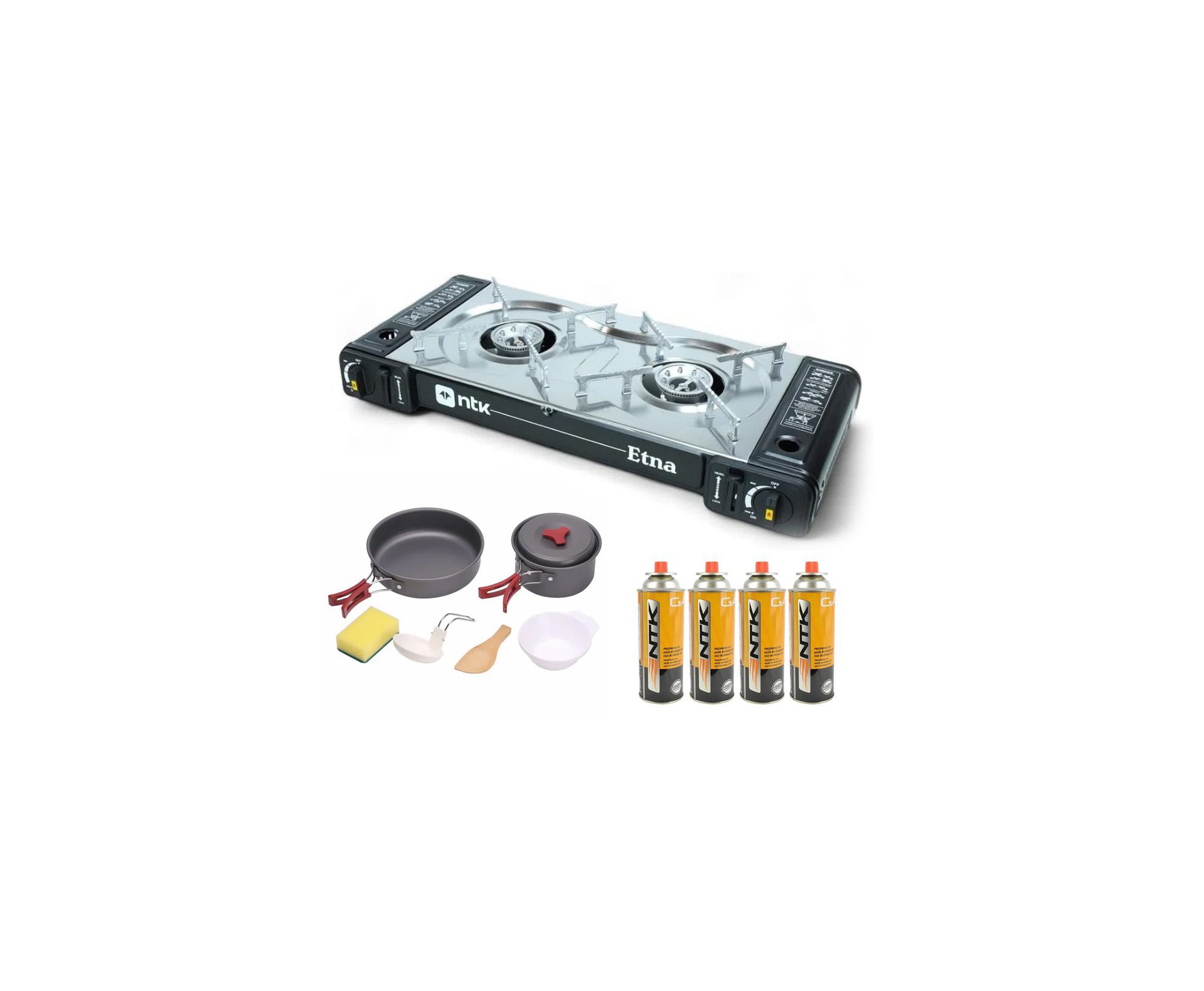 Fogareiro Horizontal 2 Bocas ETNA camping e cozinha Aço Inoxidável Preto NTK + Refil Gás + Conjunto de Panelas Camping