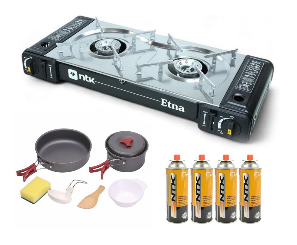 Fogareiro Horizontal 2 Bocas ETNA camping e cozinha Aço Inoxidável Preto NTK + Refil Gás + Conjunto de Panelas Camping