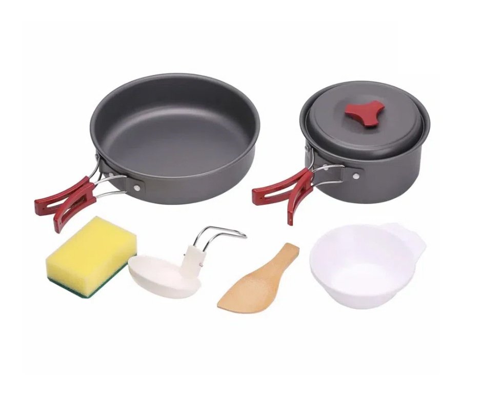 Fogareiro Horizontal 2 Bocas ETNA camping e cozinha Aço Inoxidável Preto NTK + Refil Gás + Conjunto de Panelas Camping