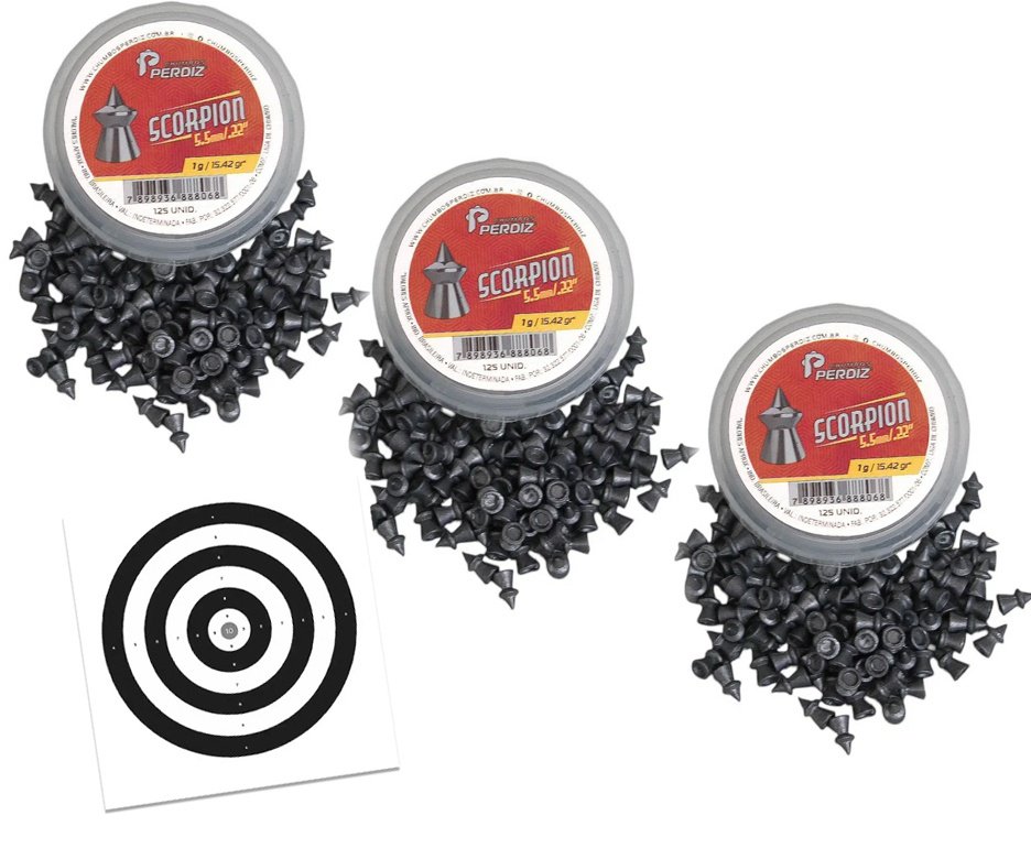Kit 03 Cx Chumbinho de Pressão Scorpion 5,5mm 125und Alta penetração - Perdiz + Alvos