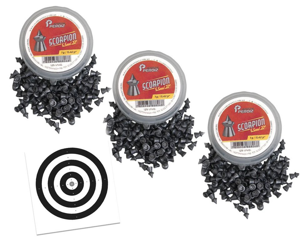 Kit 03 Cx Chumbinho de Pressão Scorpion 5,5mm 125und Alta penetração - Perdiz + Alvos
