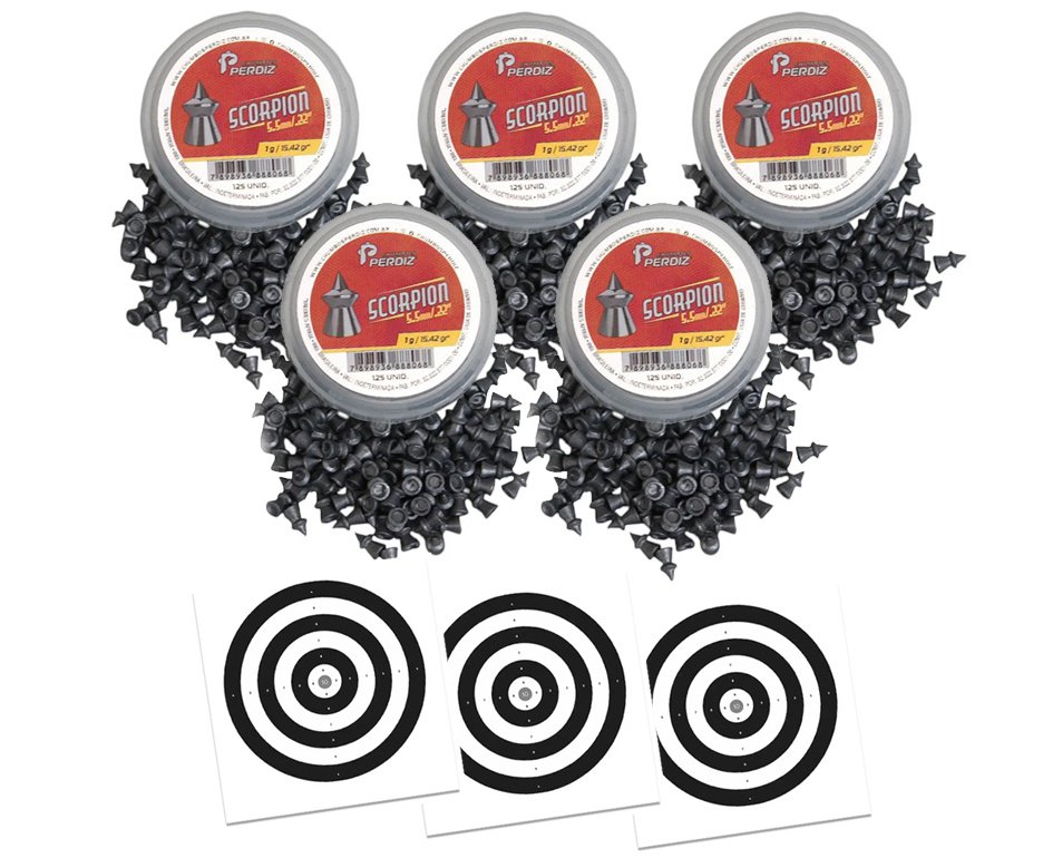 Kit 05 Cx Chumbinho de Pressão Scorpion 5,5mm 125und Alta penetração - Perdiz + Alvos