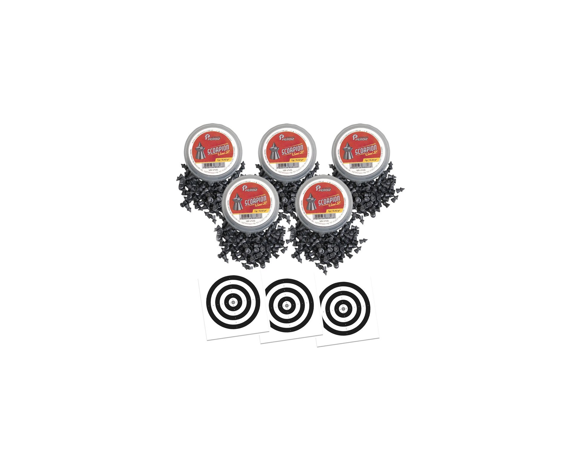 Kit 05 Cx Chumbinho de Pressão Scorpion 5,5mm 125und Alta penetração - Perdiz + Alvos