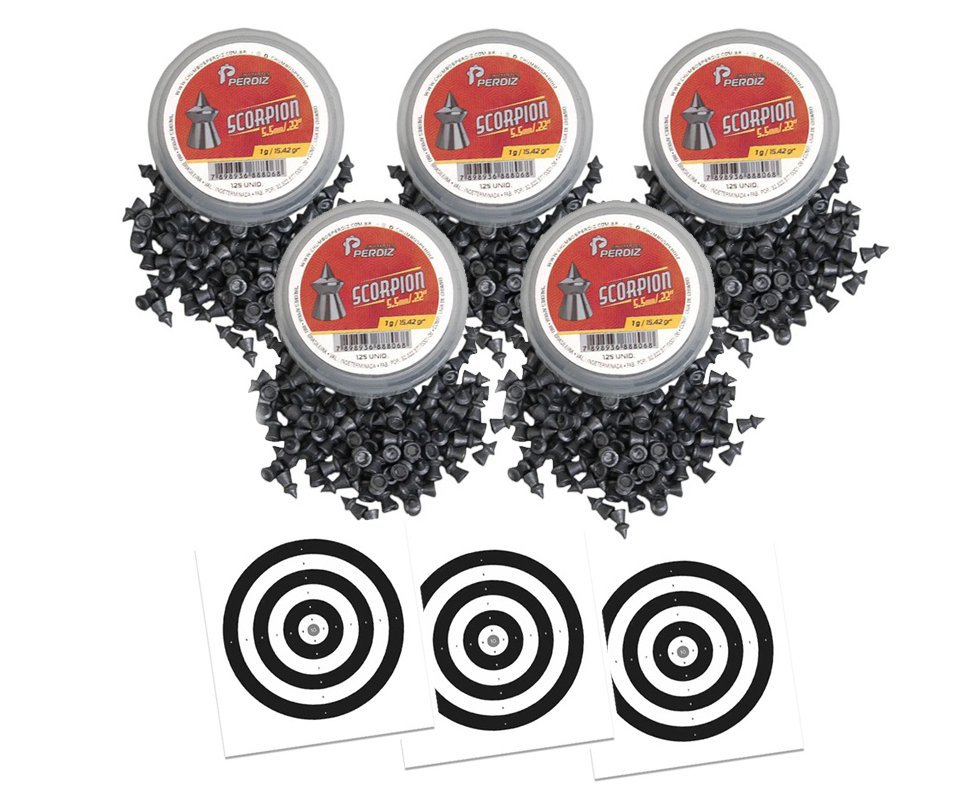 Kit 05 Cx Chumbinho de Pressão Scorpion 5,5mm 125und Alta penetração - Perdiz + Alvos