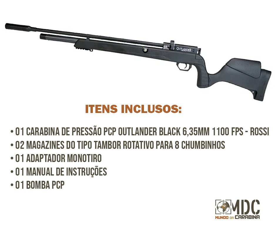 Carabina de Pressão PCP Outlander Black 6,35mm Alto Fluxo 1100 FPS - Rossi + Bomba