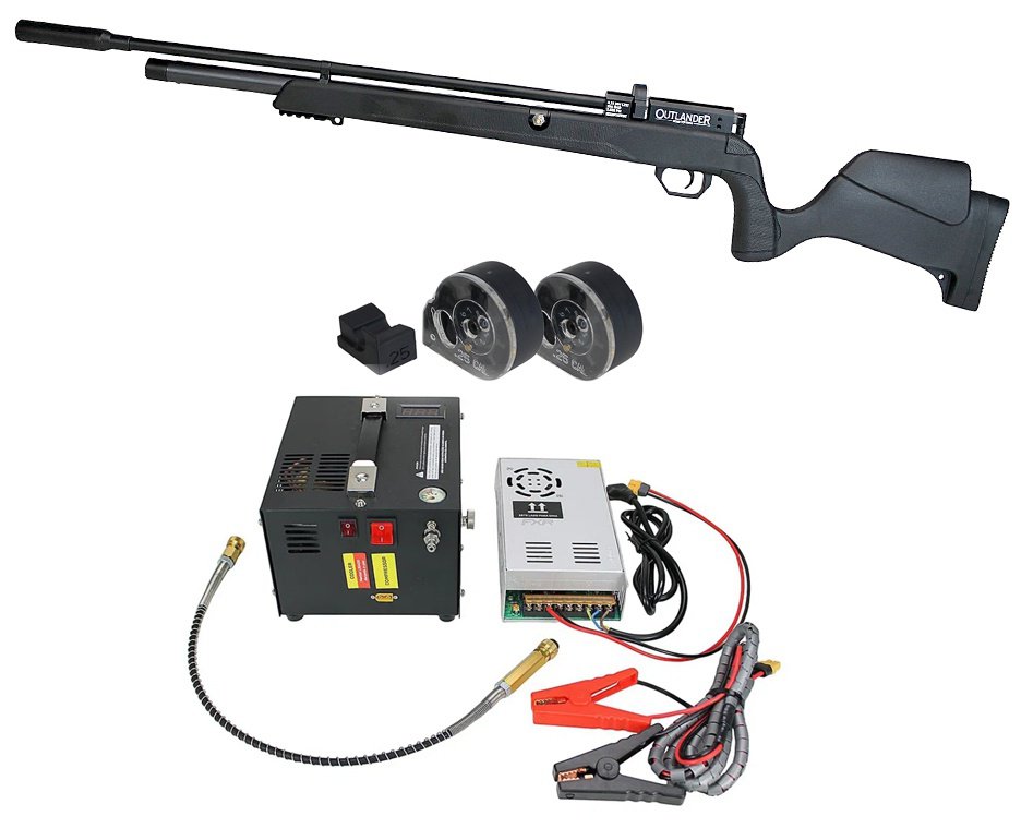 Carabina de Pressão PCP Outlander Black 6,35mm Alto Fluxo 1100 FPS - Rossi + Compressor Portátil Trivolt