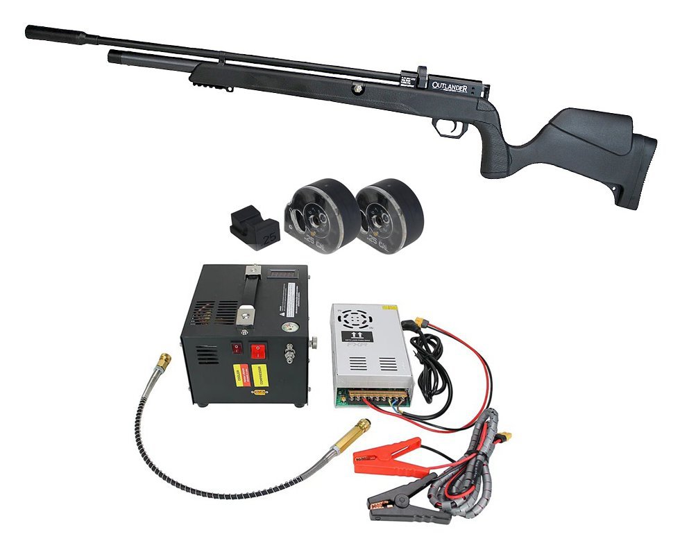 Carabina de Pressão PCP Outlander Black 6,35mm Alto Fluxo 1100 FPS - Rossi + Compressor Portátil Trivolt