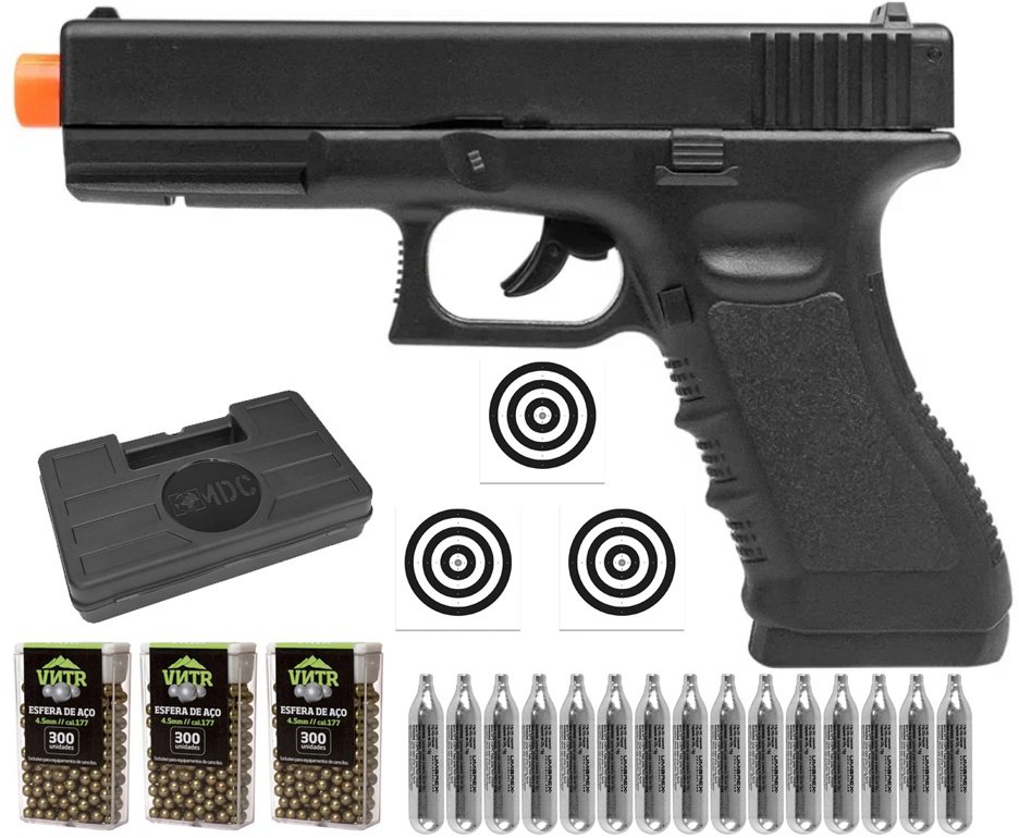 Pistola de Pressão CO2 Glock G17 4,5mm 4 joules - Rossi + Co2 + BBS + Case + Alvos