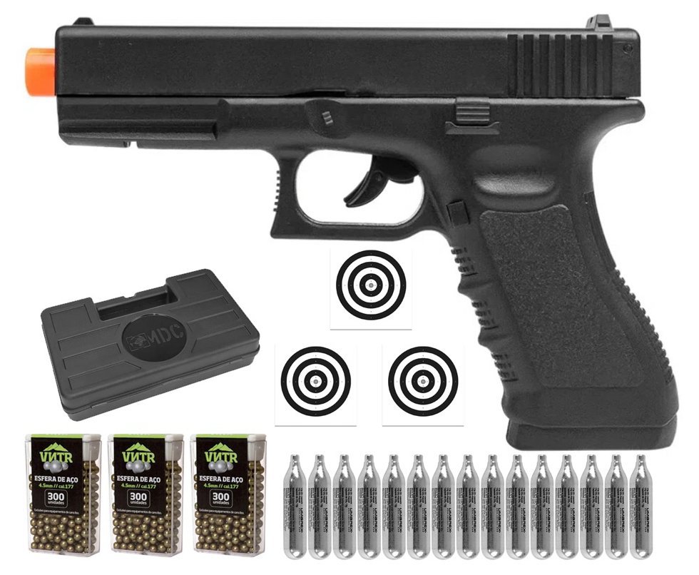 Pistola de Pressão CO2 Glock G17 4,5mm 4 joules - Rossi + Co2 + BBS + Case + Alvos