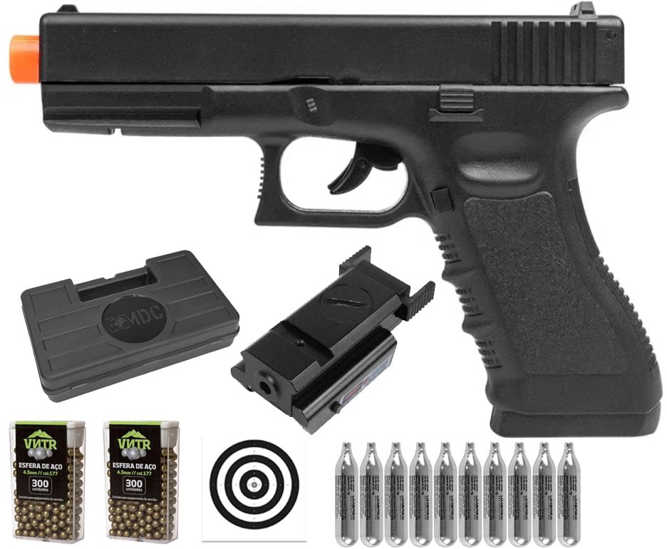 Pistola de Pressão CO2 Glock G17 4,5mm 4 joules - Rossi + Co2 + BBS + Case + Alvos + Laser