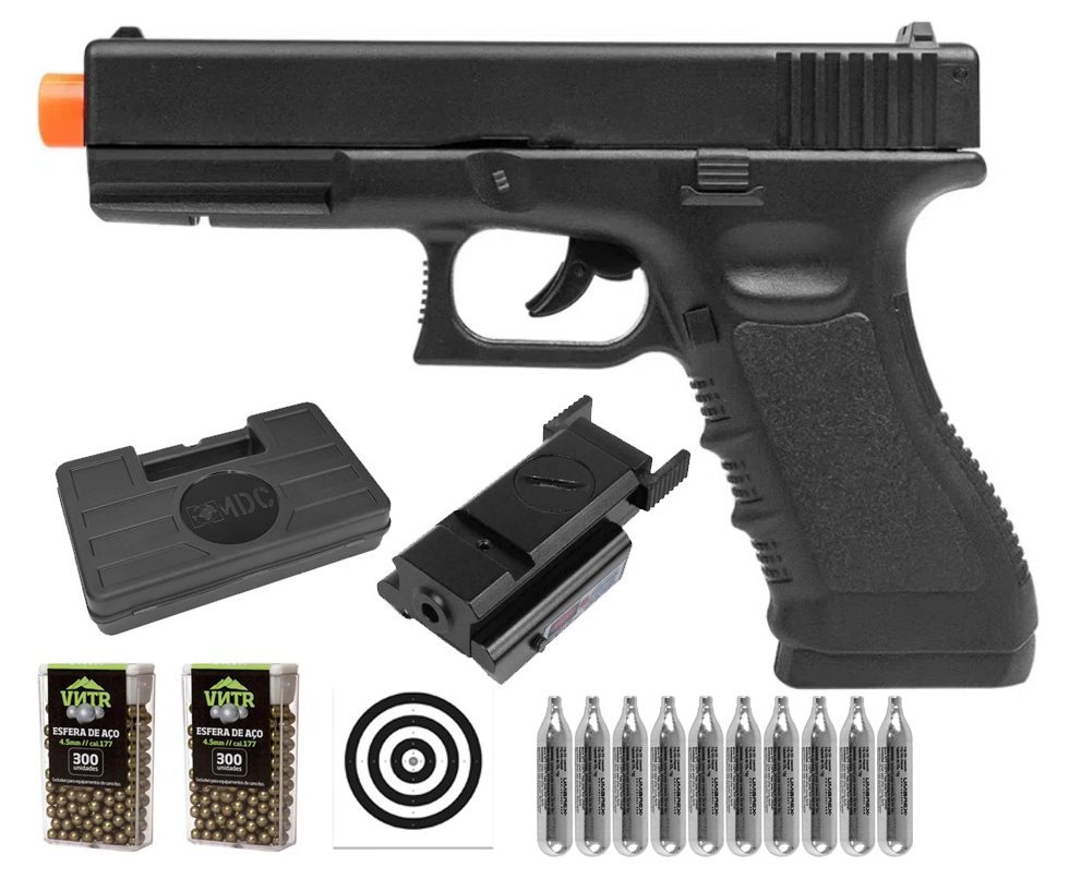 Pistola de Pressão CO2 Glock G17 4,5mm 4 joules - Rossi + Co2 + BBS + Case + Alvos + Laser