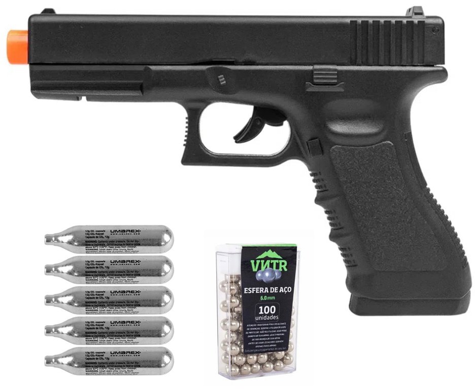 Pistola de Pressão CO2 Glock G17 6,0mm 5,3 Joules - Rossi + Co2 + BBS
