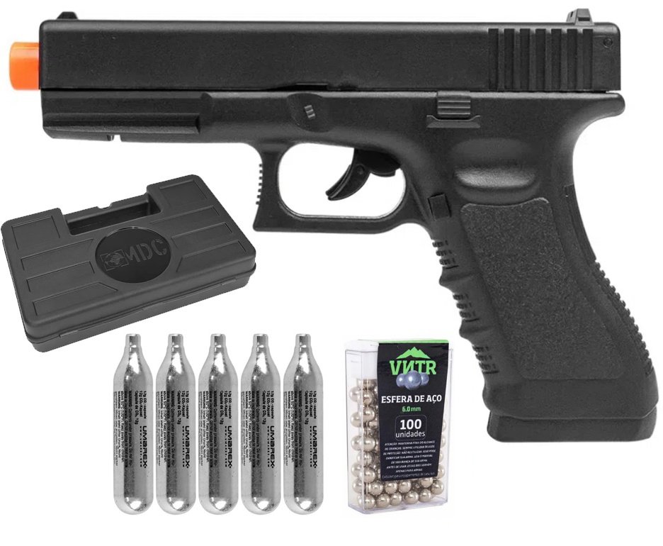 Pistola de Pressão CO2 Glock G17 6,0mm 5,3 Joules - Rossi + Co2 + BBS + Case