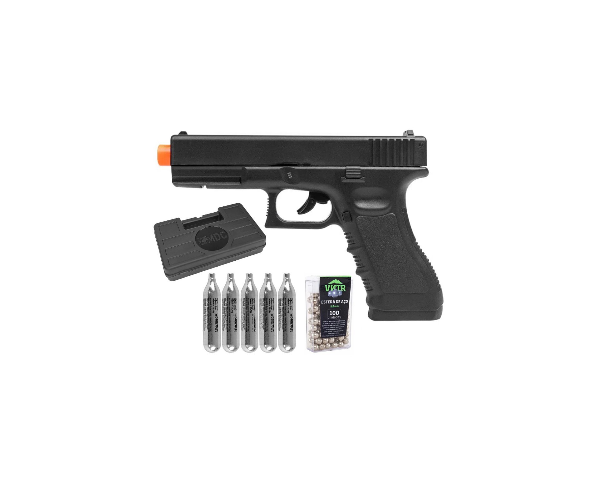 Pistola de Pressão CO2 Glock G17 6,0mm 5,3 Joules - Rossi + Co2 + BBS + Case