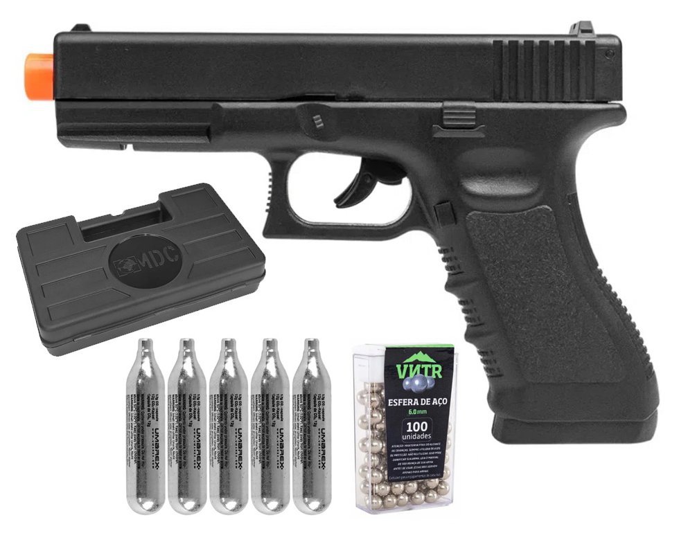 Pistola de Pressão CO2 Glock G17 6,0mm 5,3 Joules - Rossi + Co2 + BBS + Case