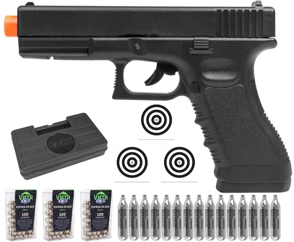 Pistola de Pressão CO2 Glock G17 6,0mm 5,3 Joules - Rossi + Co2 + BBS + Case + Alvos