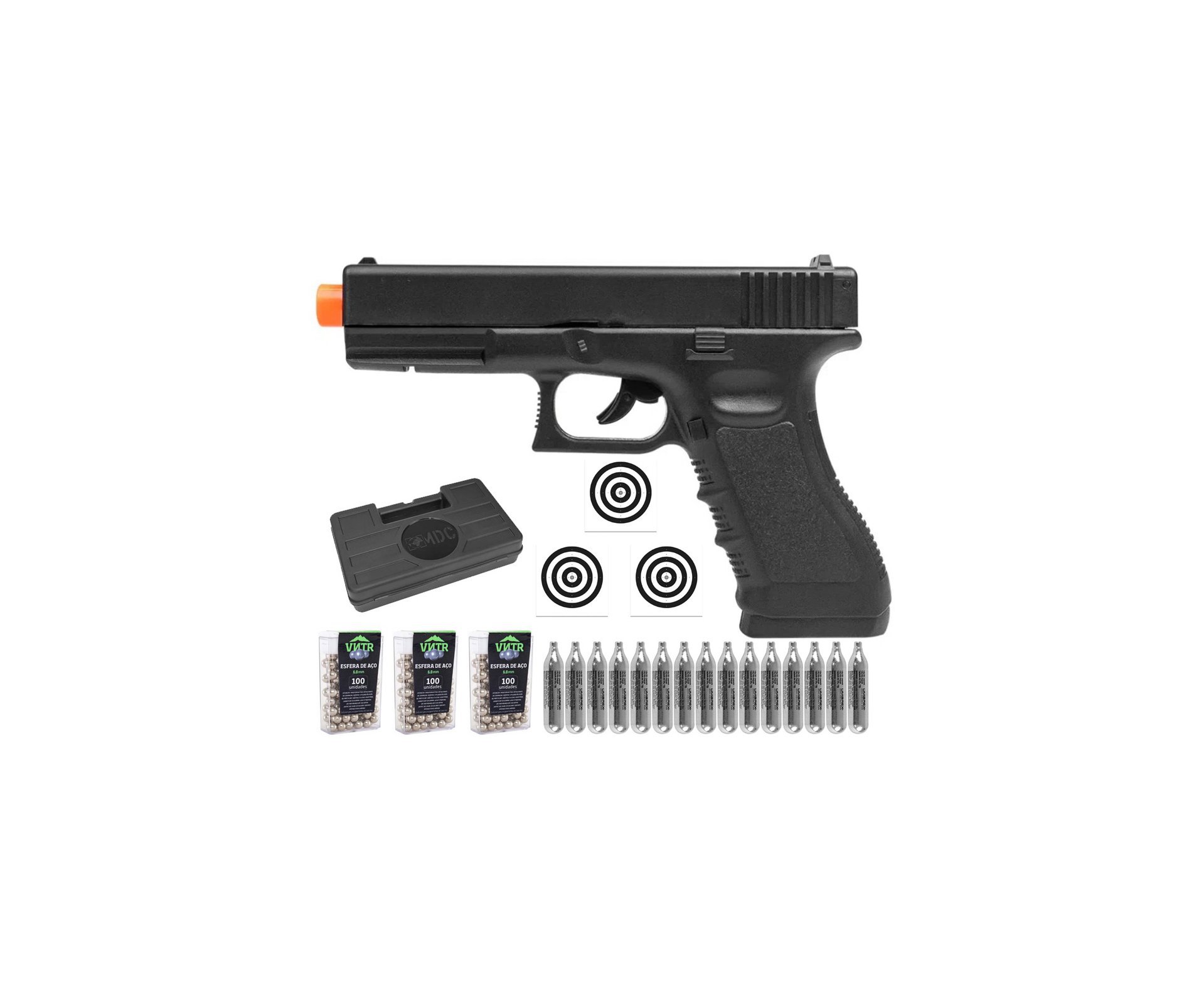 Pistola de Pressão CO2 Glock G17 6,0mm 5,3 Joules - Rossi + Co2 + BBS + Case + Alvos