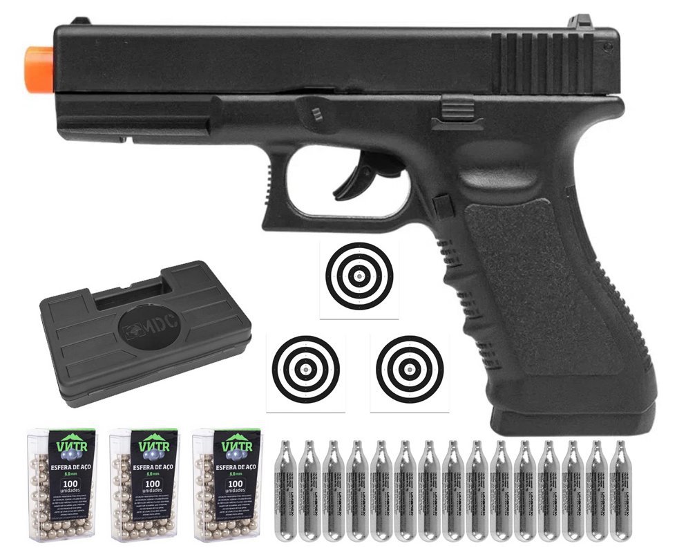 Pistola de Pressão CO2 Glock G17 6,0mm 5,3 Joules - Rossi + Co2 + BBS + Case + Alvos