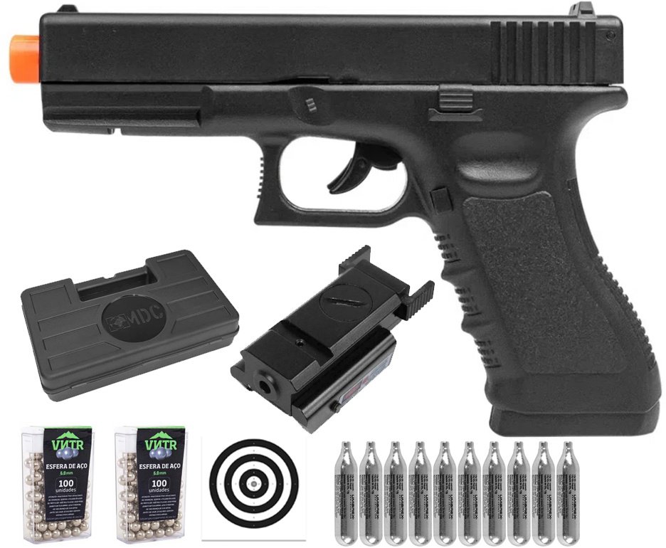 Pistola de Pressão CO2 Glock G17 6,0mm 5,3 Joules - Rossi + Co2 + BBS + Case + Alvos + Laser