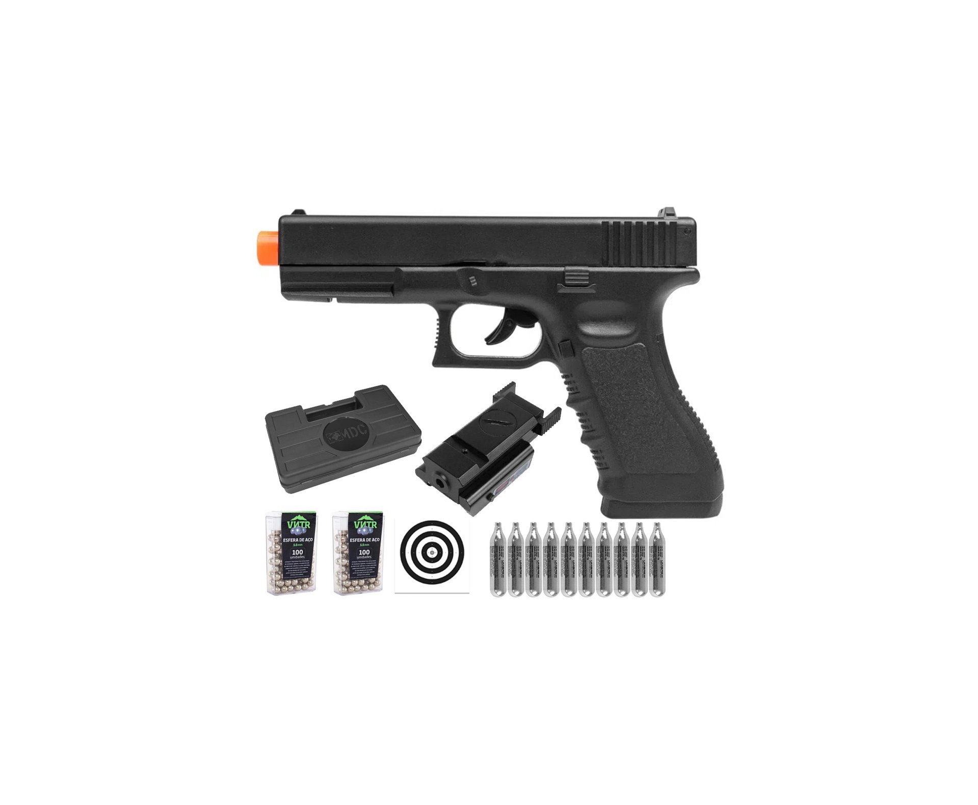 Pistola de Pressão CO2 Glock G17 6,0mm 5,3 Joules - Rossi + Co2 + BBS + Case + Alvos + Laser