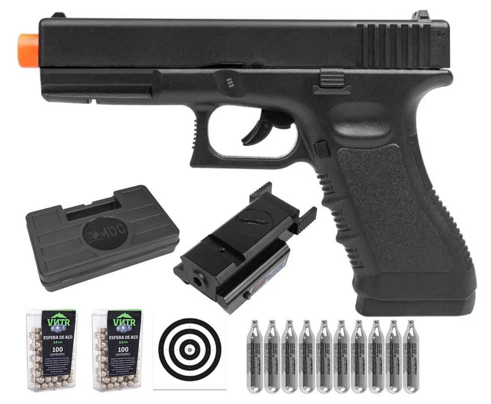 Pistola de Pressão CO2 Glock G17 6,0mm 5,3 Joules - Rossi + Co2 + BBS + Case + Alvos + Laser