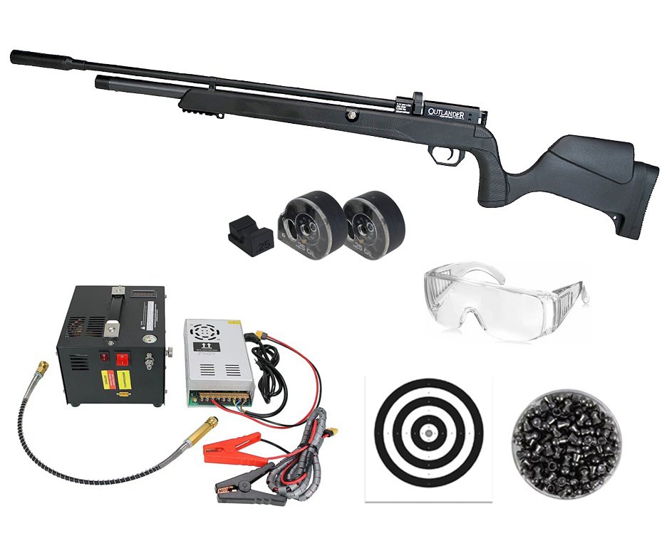 Carabina de Pressão PCP Rossi Outlander VR Black 6,35 + Compressor Portátil Trivolt
